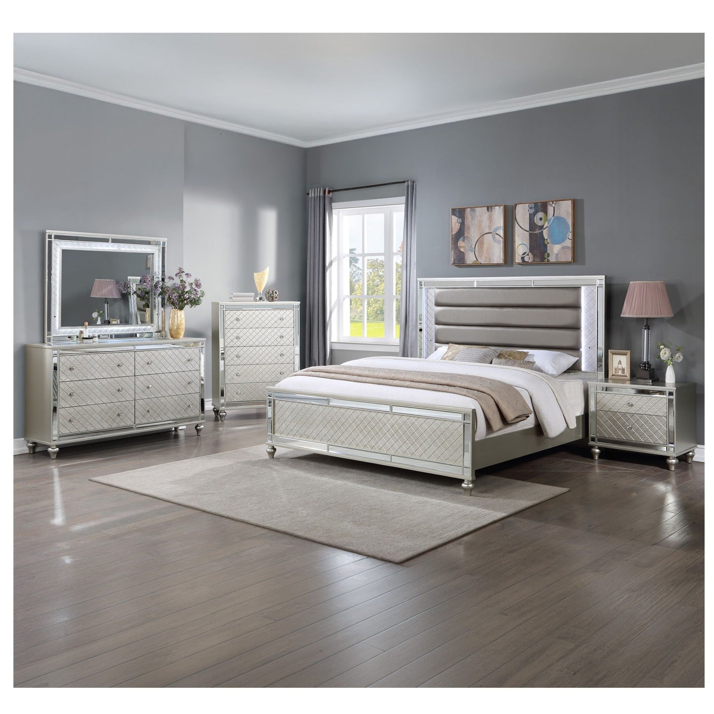 2 Drawer Nightstand With Diamond Patterned Fronts - Silver
