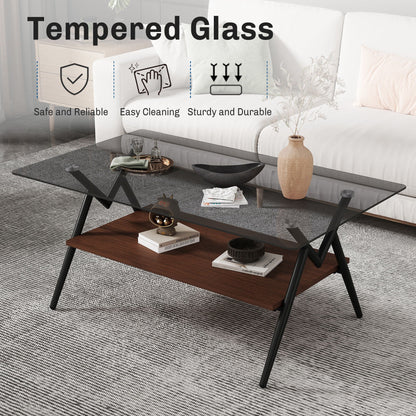 Rectangle Coffee Table With Tempered Glass Top And Shelf, Modern Table For Living Room