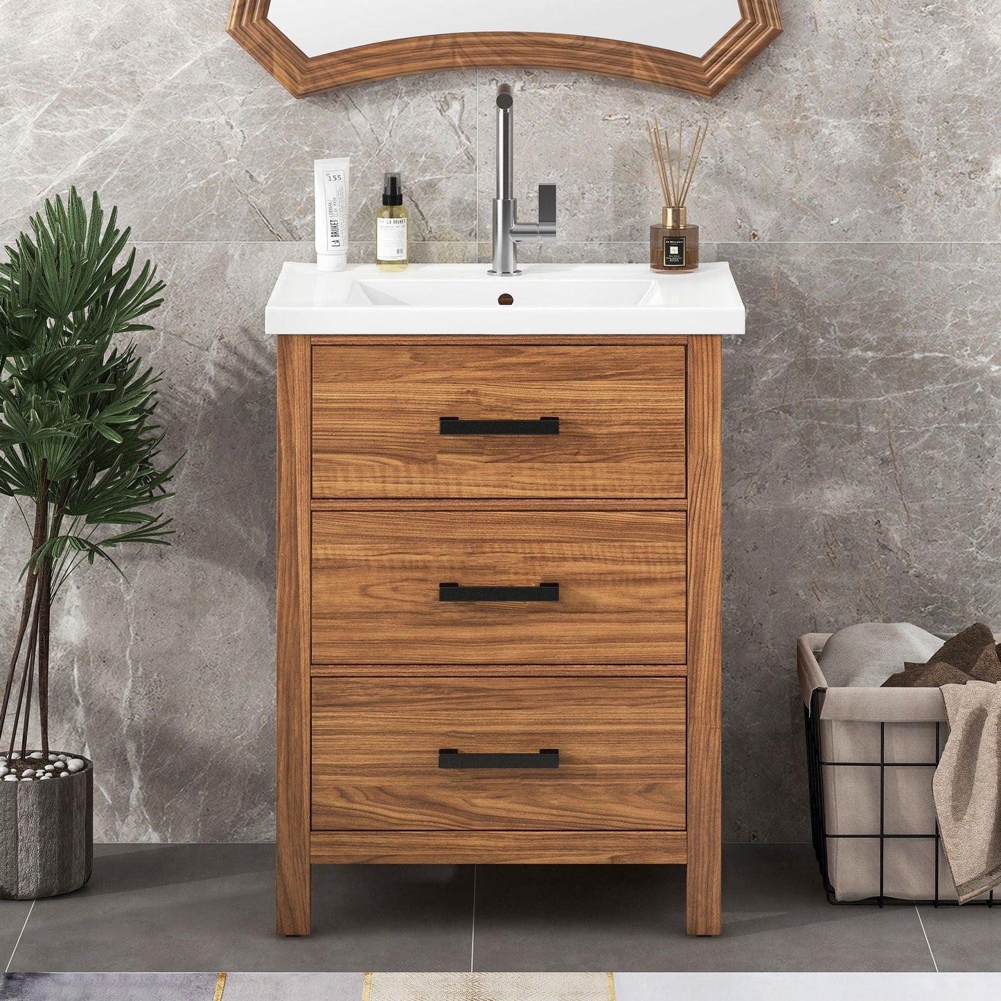 24'' Bathroom Vanity With Basin Sink, 3 Drawer Storage Cabinet - Natural Wood
