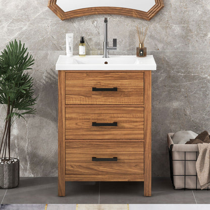 24'' Bathroom Vanity With Basin Sink, 3 Drawer Storage Cabinet - Natural Wood
