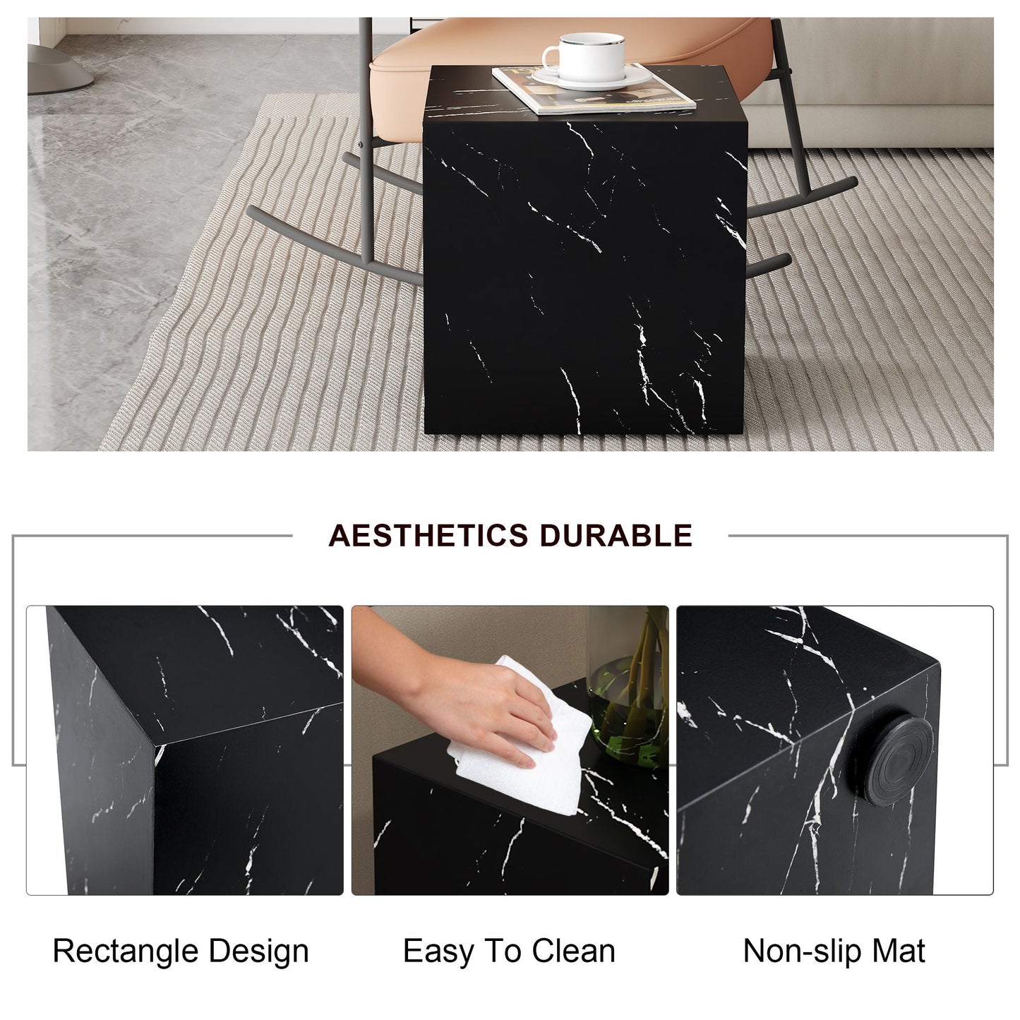 Luxurious Marble Texture Coffee Table Cube Design Elegant Living Room Accent - Black