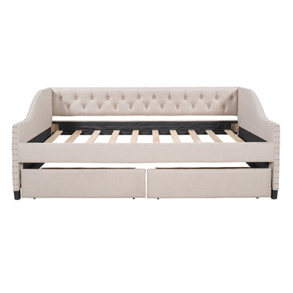 Upholstered Daybed With Two Drawers, Wood Slat Support