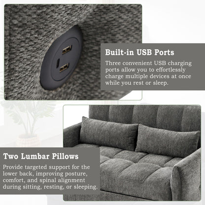 Loveseat Sofa Pull-Out Bed With Adjustable Backrest, 3 USB Ports And 2 Lumbar Pillows For Living Room