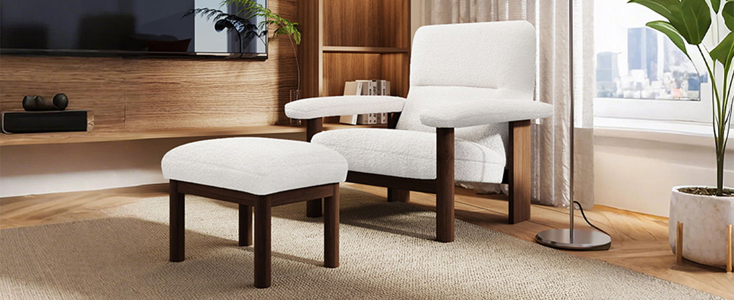 Modern Accent Chair With Ottoman, Mid Century Lounge Chair With Footrest, Comfy Fabric Armchair Upholstered Set With Solid Wood Frame For Living Room - White