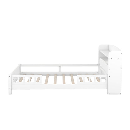 Wood Platform Bed With Built In LED Light, Storage Headboard And Guardrail