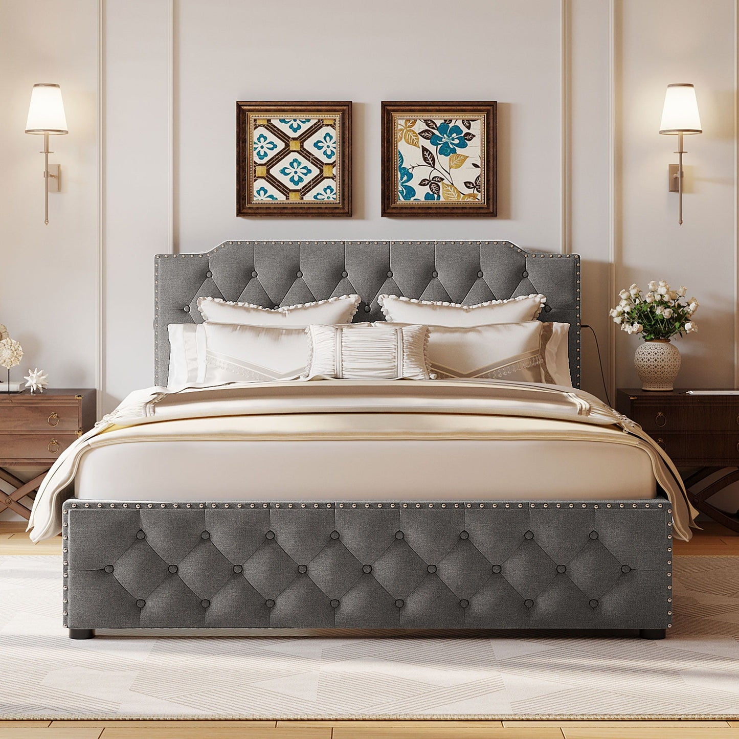 Upholstered Platform Bed With 2 Drawers And 2 Sets Of USB Ports On Each Side, Fabric