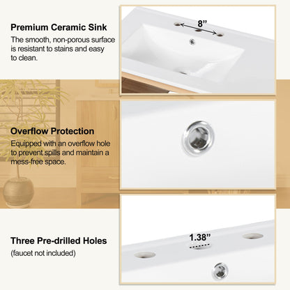 36" Bathroom Vanity, 2 Soft Close Doors, 4 Soft Close Drawers, Adjustable Shelf, Storage Cabinet - Acacia Wood