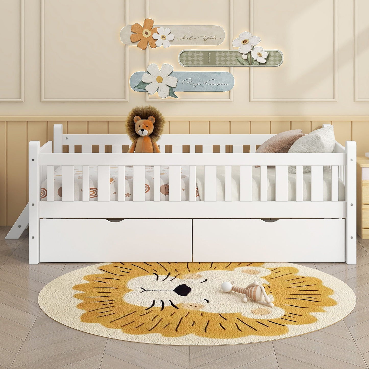Platform Bed With Guardrail And 2 Drawers