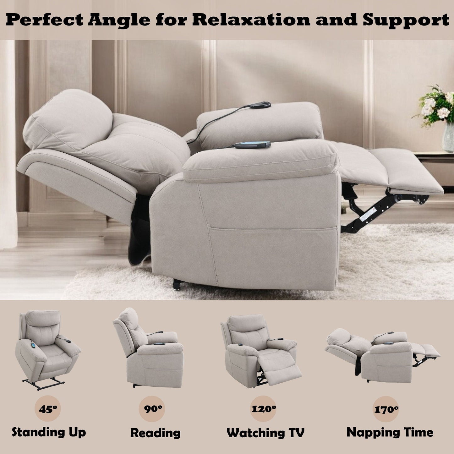 Chriki - Power Motion Recliner With Lift Heating Massage Chair - Beige
