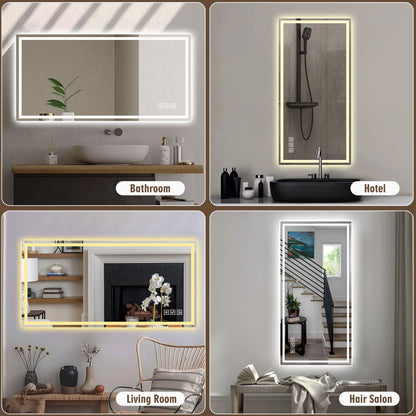 LED Bathroom Vanity Wall Mirror With Straight Edge Design, Frosted Glass Finish, Anti Fog, Dimmable 3 Color Lighting - Silver