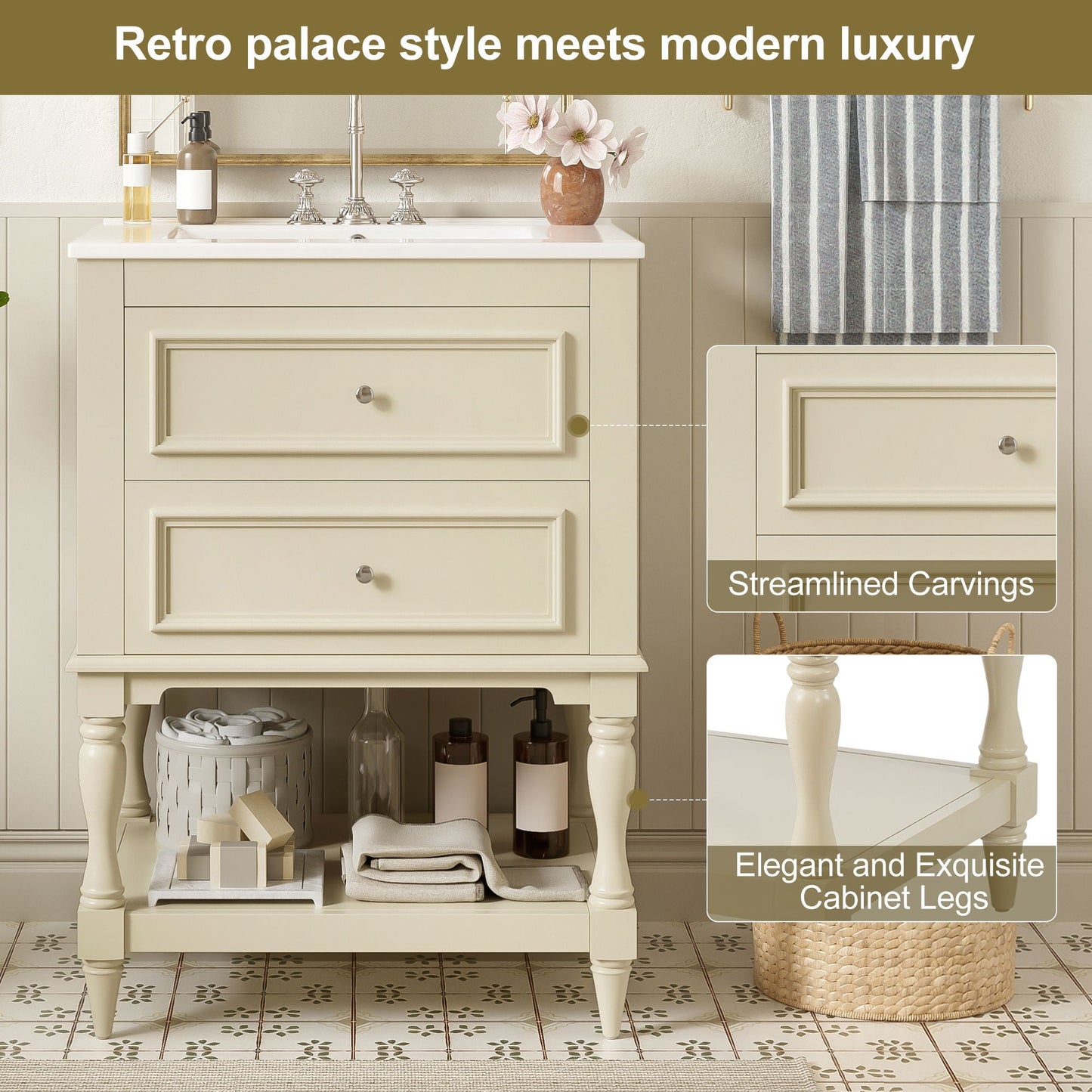 Bathroom Vanity With Sink, 2 Drawers Storage Cabinet, Open Shelf