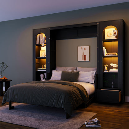 French Style Murphy Platform Bed With Shelf, Side Cabinets, Drawers And LED