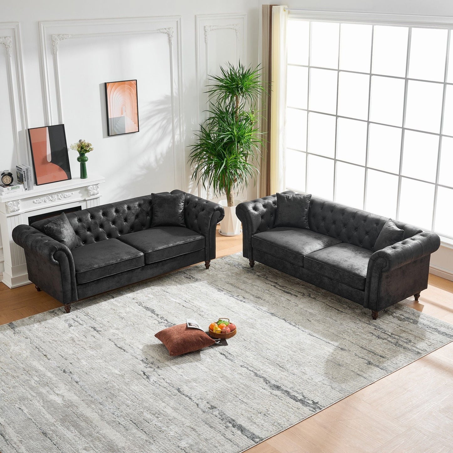 Chesterfield Sofa, High Tech Fabric Roll Armrest, 3 Seater Mid Century Modern Couch - Black