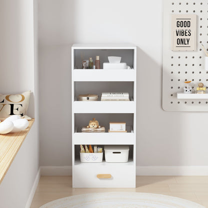 4 Tier Freestanding Bookshelf With 3 Sliding Drawers And 1 Bottom Drawer - White