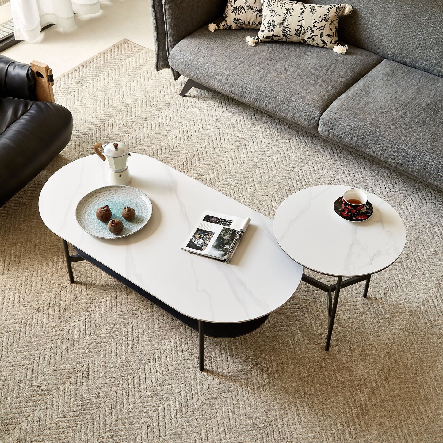 Contemporary Coffee Table Sintered Stone Surface With Ceramic Finish Double Layer Design Base Matte Shelf Modern Living Room Center Table - White / Gray