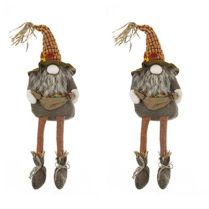 Sitting Gnome With Maple Leaf, For Holiday Harvest Festival Fall Festival & Thanksgiving Table Decorations (Set of 2) - Orange Multi