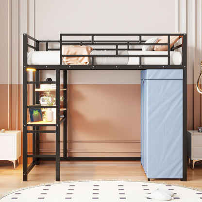 Loft Bed With Desk, Shelves, Power Outlet, LED Light And Wardrobe