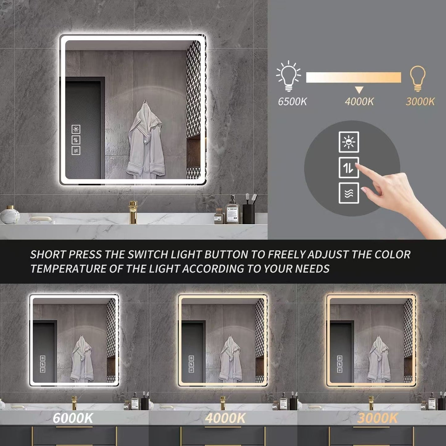 LED Bathroom Mirror, Anti Explosion Glass, Rust Resistant, Anti Fog, Tri Color