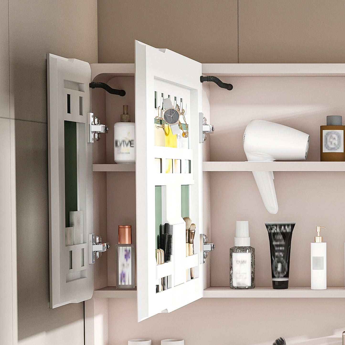 Aluminium Medicine Cabinet Mirror, With 3 Colors LED Light And Defogging Function - Khaki