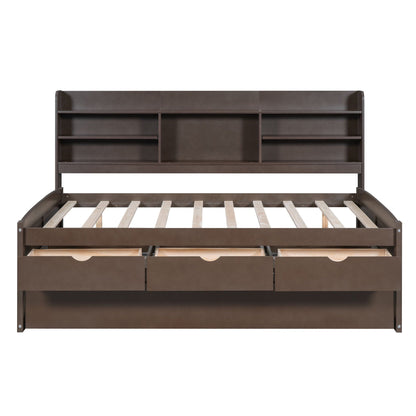 Captain Bed With Built In Bookshelves, 3 Storage Drawers, And Trundle