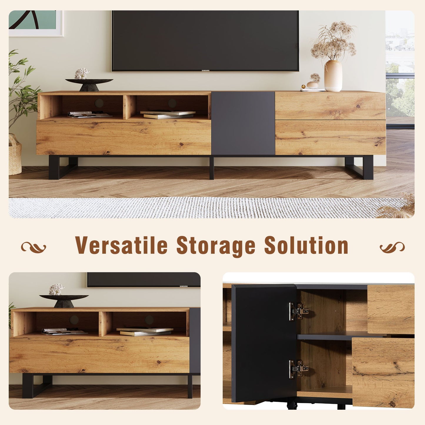TV Stand For 80'' TV With Double Storage Space, Media Console Table With Drop Down Door