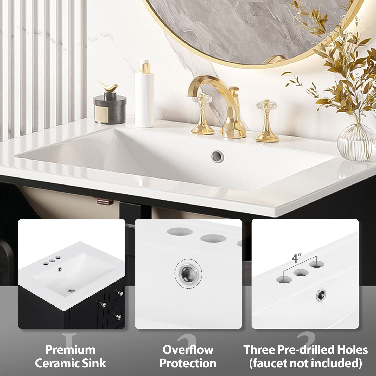 Bathroom Vanity With Integrated Basin, Soft Close Drawers, Door Mounted Double Layer Shelf