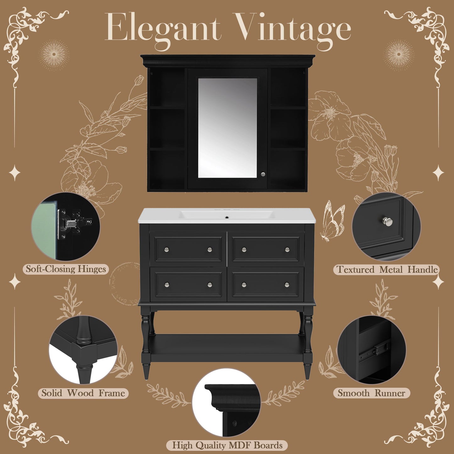 Bathroom Vanity With Medicine Cabinet, Storage Cabinet With 4 Drawers, Adjustable Shelf Mirror