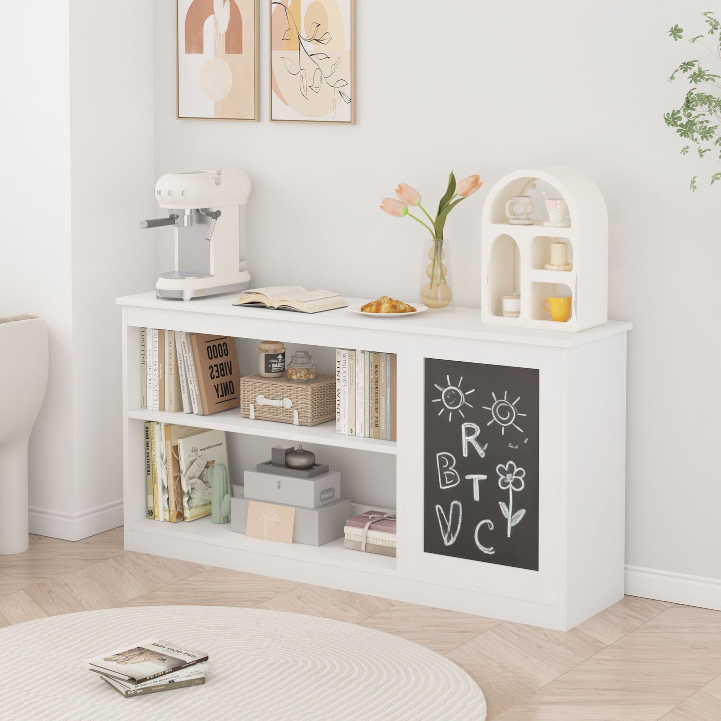 3 In 1 Bookshelf And Toy Storage Cabinet With Chalkboard, Organizer For Playroom Featuring And Spacious Storage - White