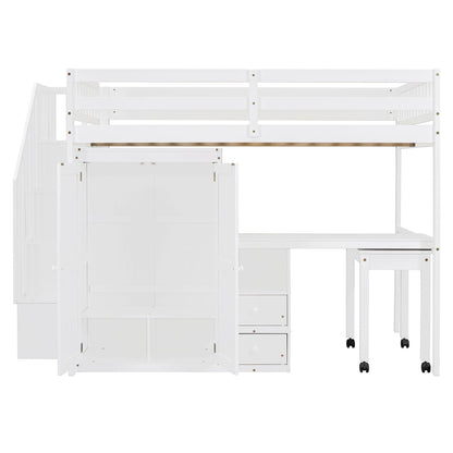 Loft Bed With Stairs, Bookshelf, Drawers, Desk & Wardrobe, Space Saving Multifunctional Furniture
