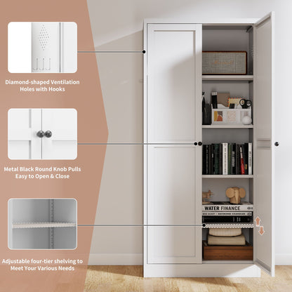 Kitchen Pantry Cabinet Adjustable Storage With 4 Shelves, Heavy Duty Freestanding Pantry Organizer - White