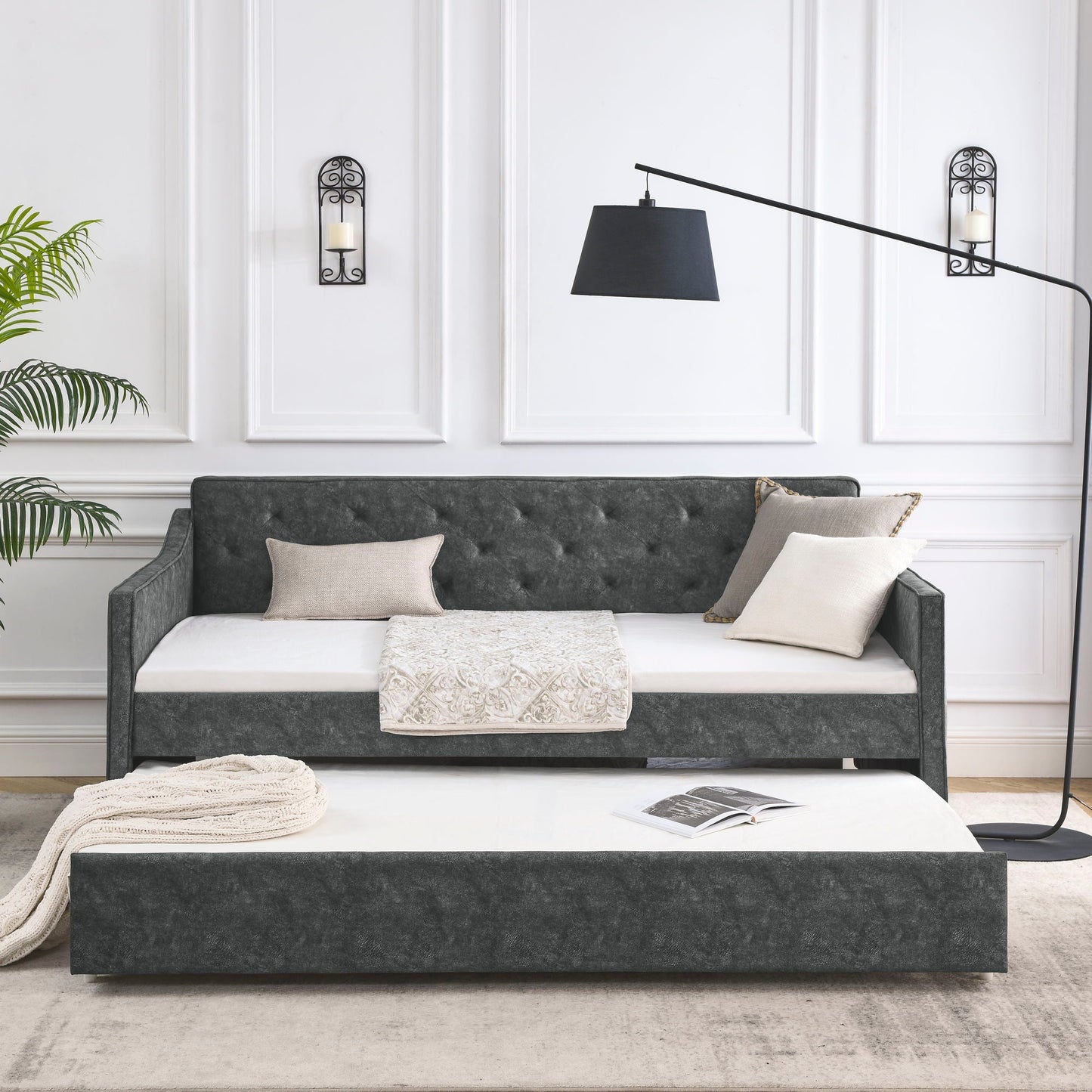 Twin Upholstered Daybed With Trundle, Waved Arms - Gray