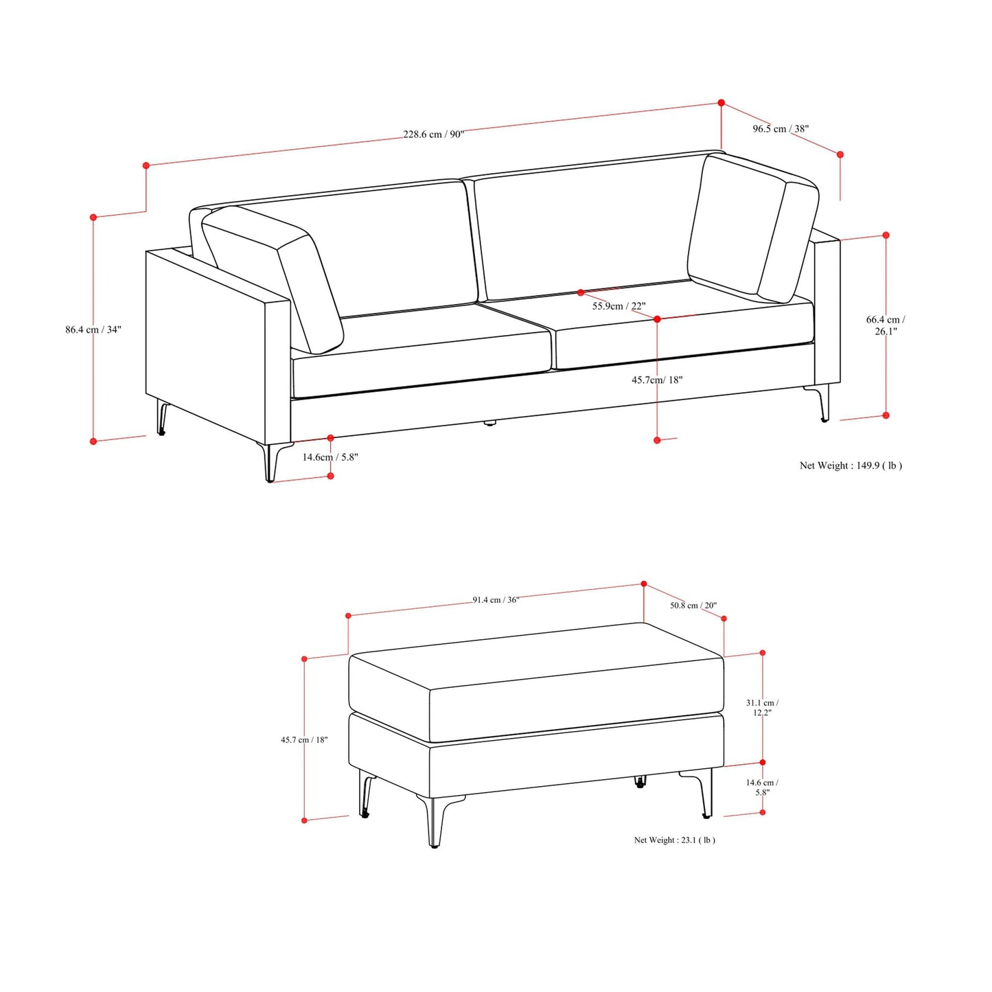 Ava - Mid Century Sofa With Ottoman Set