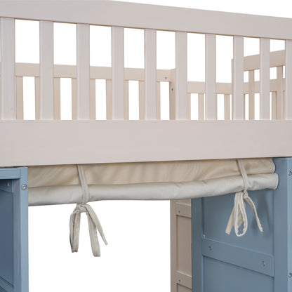 Full Size Loft Bed With 2 Four Layer Storage Cabinets And Curtain With Built In Staircase And Privacy Curtain - White