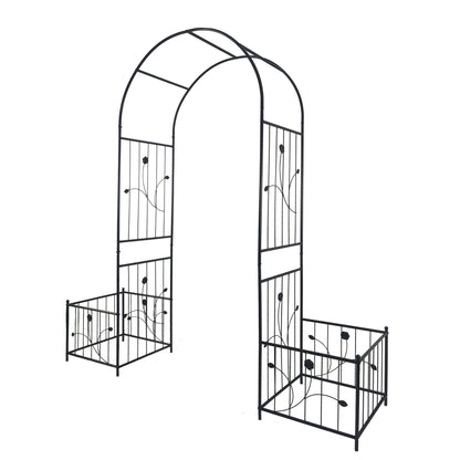 Metal Garden Arch With Two Plant Stands Wide High Climbing Plants Support Rose Arch Outdoor - Black