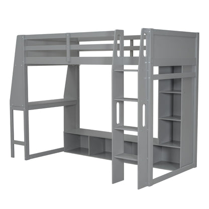 Gaming Loft Bed With Desk, Multi Storage Shelves, LED Lighting, And Hanging Clothes Rack