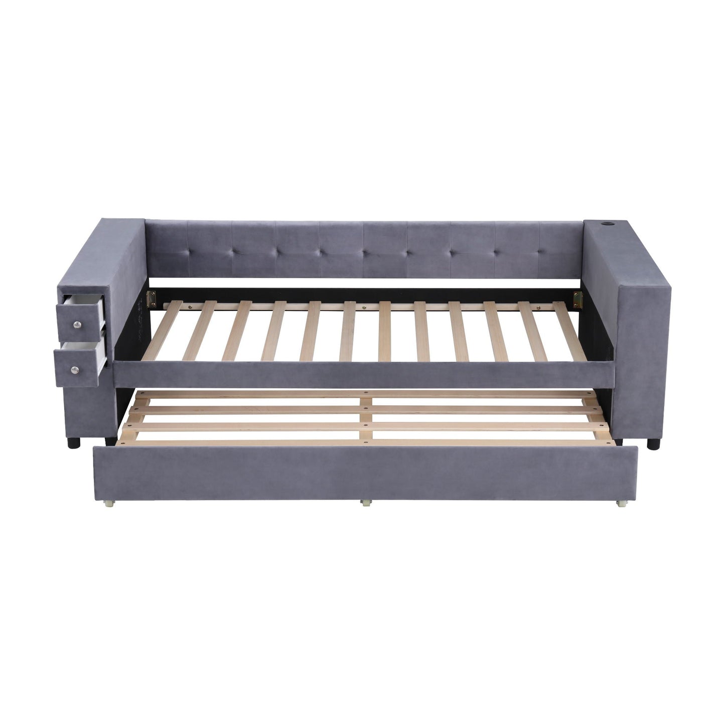 Upholstered Bed With Storage And Twin Trundle, USB Charging Ports