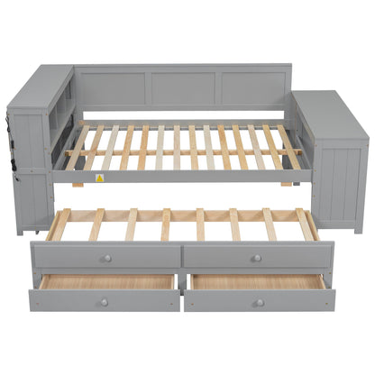 Daybed With Storage Shelves, Drawers, Trundle, Charging Station, LED Light, Desk And Cabinet