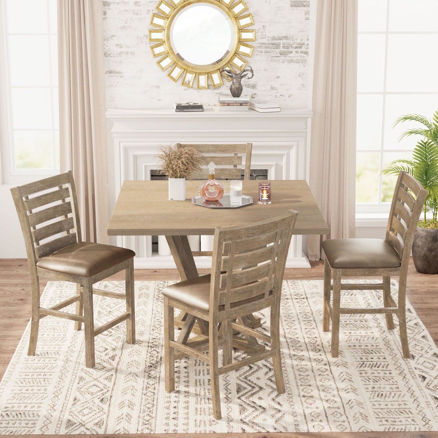 5 Pieces Set Counter Table Set Square Counter Table Solid Wood Modern Farmhouse Rustic Look Distressed Look - Grayish Brown