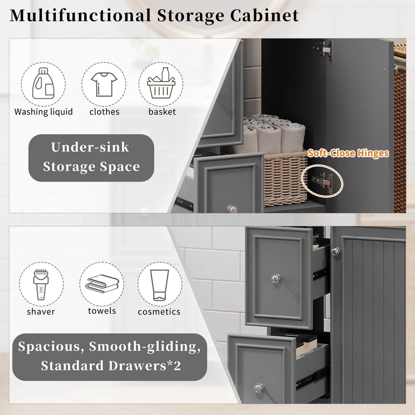 Transitional Style Bathroom Vanity Cabinet With Ceramic Sink