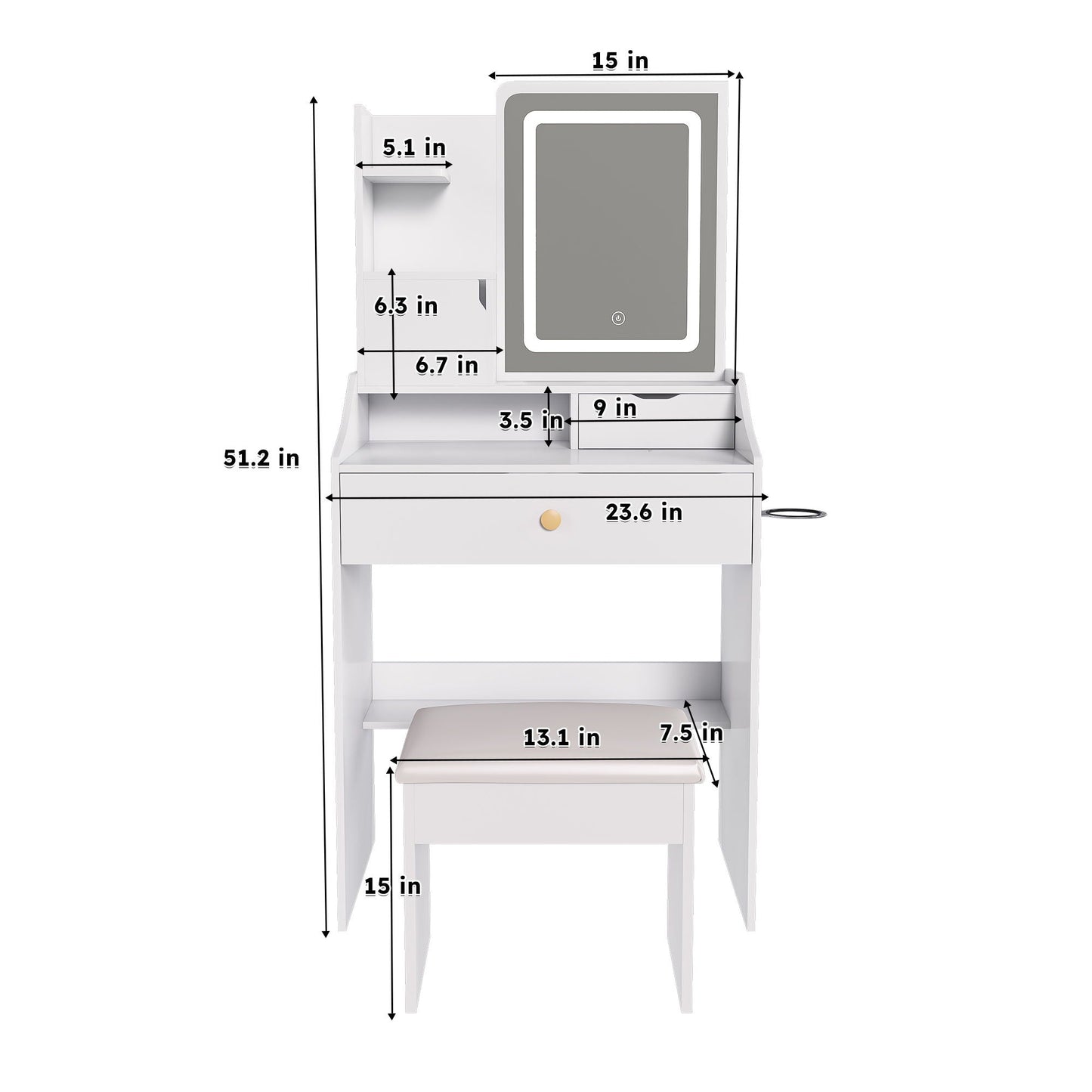 3 Color LED Vanity Mirror With Stool, Dressing Table For Bedroom, 2 Drawers & 5 Storage Cabinets (4 Open + 1 Hidden), Adjustable Lighting - White