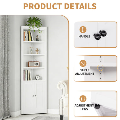 Tall Corner Storage Cabinet With 2 Doors, 5-Tier With Adjustable Shelves, Freestanding - White