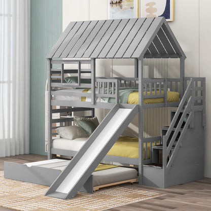 House Bunk Bed With Trundle, Storage Staircase, Roof And Window Design