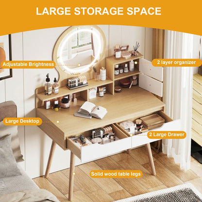 Elegant Makeup Vanity Desk With Adjustable Lighted Mirror Table Feet - American White Oak