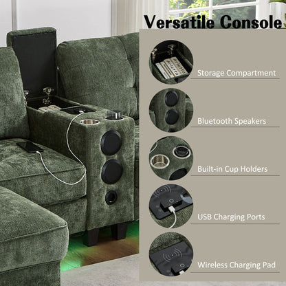 Modern Sectional Sofa U-Shaped With Movable Ottomans, tooth Speakers, LED Lights And Modular Storage