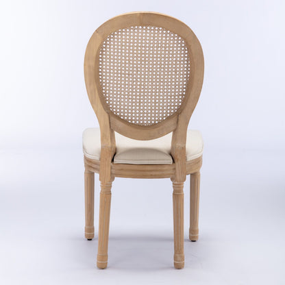 French Style Solid Wood Frame Antique Painting Fabric Rattan Back Dining Chair (Set of 2)