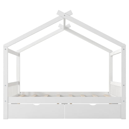 House Style Platform Bed With Headboard, Footboard, 2 Drawers, And Roof Design