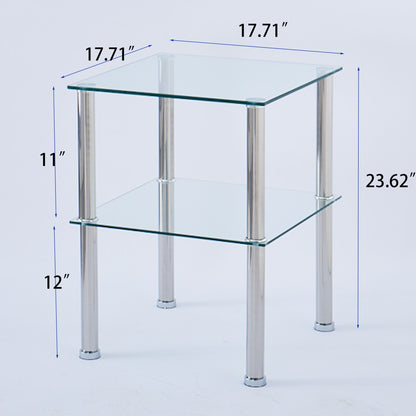 Modern 2 Piece Side Table With Storage Shelf, Tempered Glass, Space Saving Design - Clear