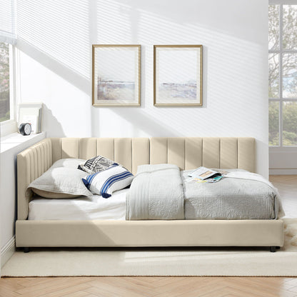 Mid-Century Upholstered Tufted Bed Frame With Backrest And Armrests