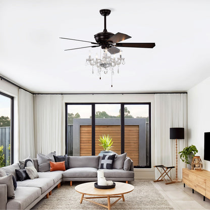 52" Crystal Shade Ceiling Fan Lamp, 3 Speed, 4 Timing, 5 Reversible Blades Crystal Ceiling Fan, 5 Pieces X E12 (No Include Bulb), Hand Pull Chain - Matte Black