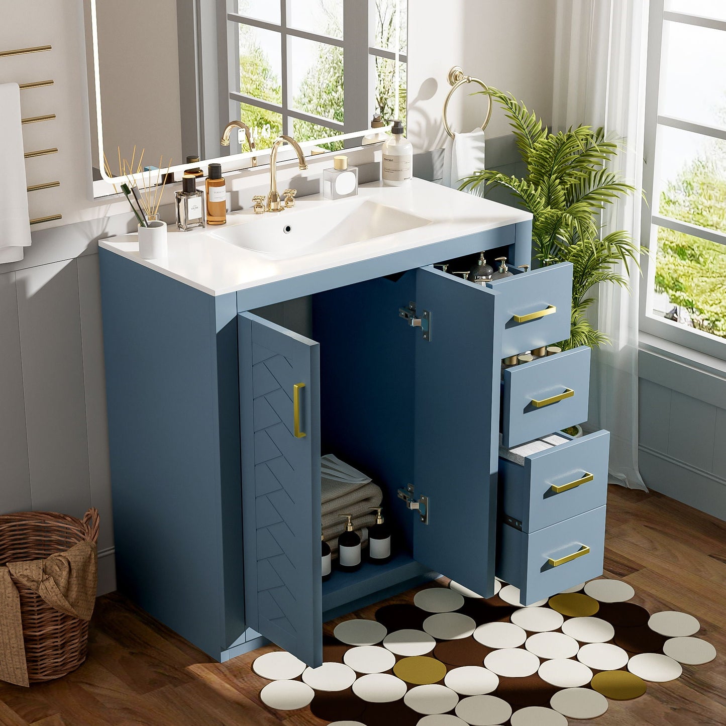 Bathroom Vanity With Sink, Storage Cabinet, Freestanding Set With 3 Drawers & Soft Closing Doors - Indigo